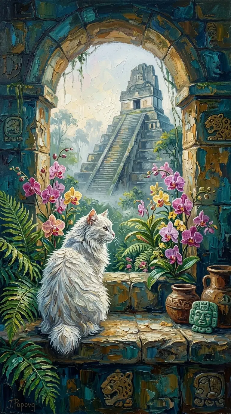 A white American Bobtail cat gazing out from a stone archway
