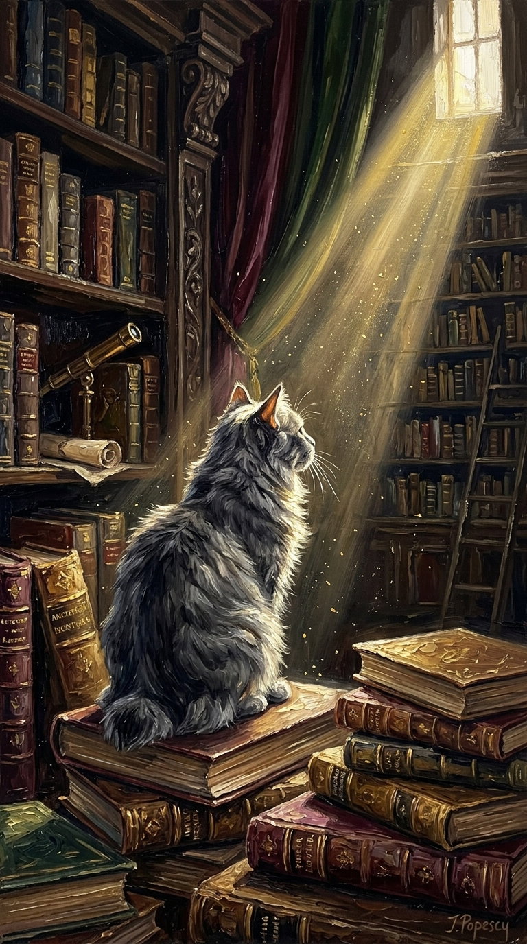 A fluffy gray cat sitting on a stack of old books, gazing out a sunlit window in a library filled with ancient books and shelves.