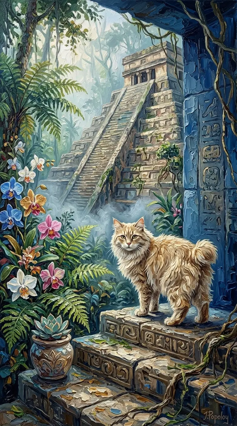 A Majestic American Bobtail Cat in an Ancient Jungle Setting