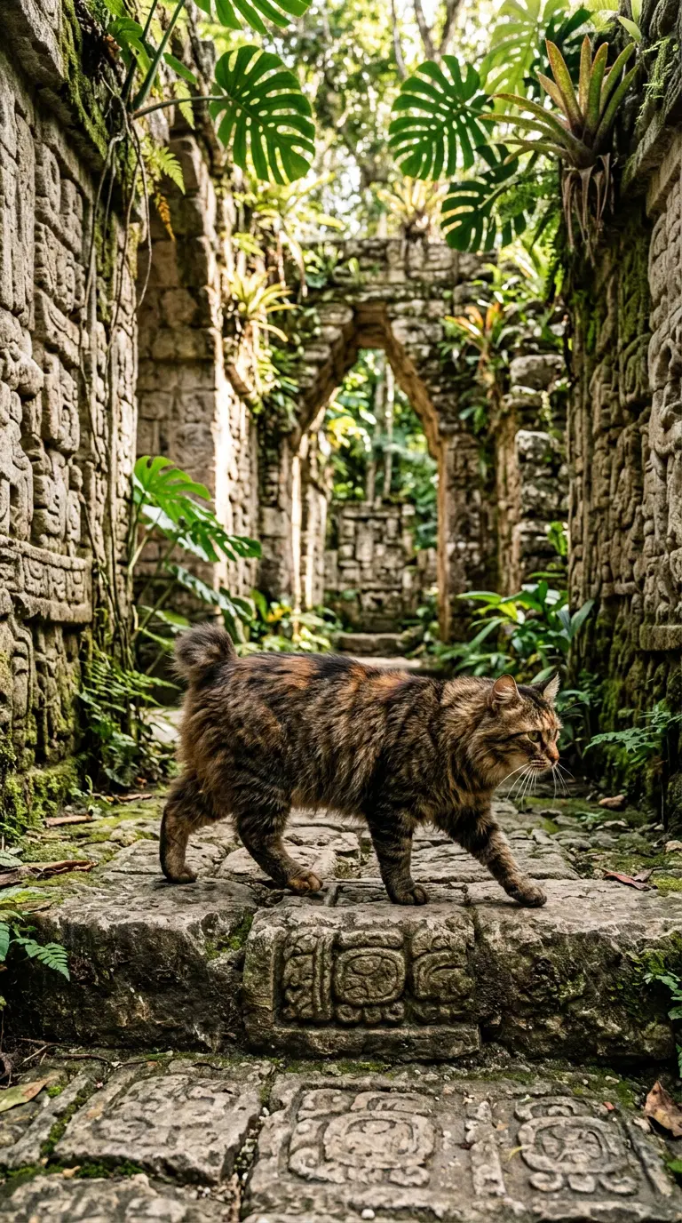 A Bobtail Cat Exploring an Ancient Jungle Ruin