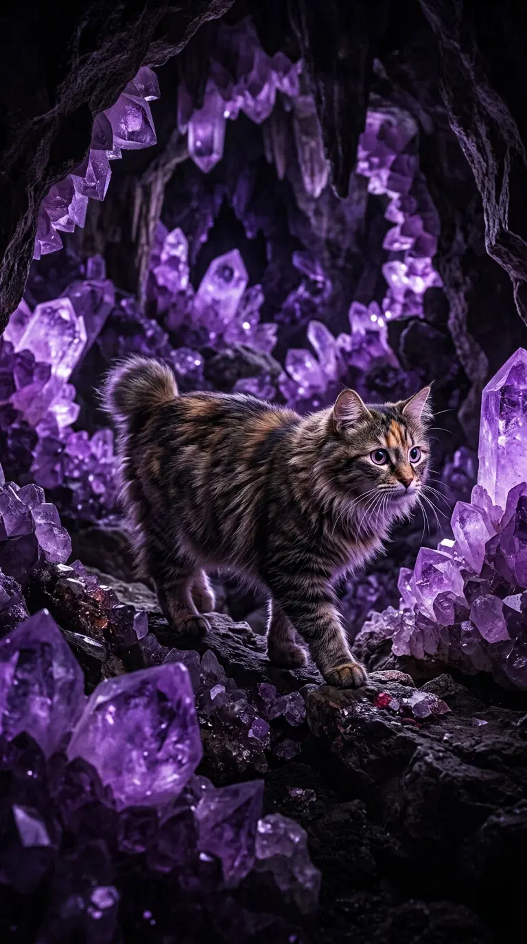 A Mystical American Bobtail Cat Surrounded by Amethyst Crystals