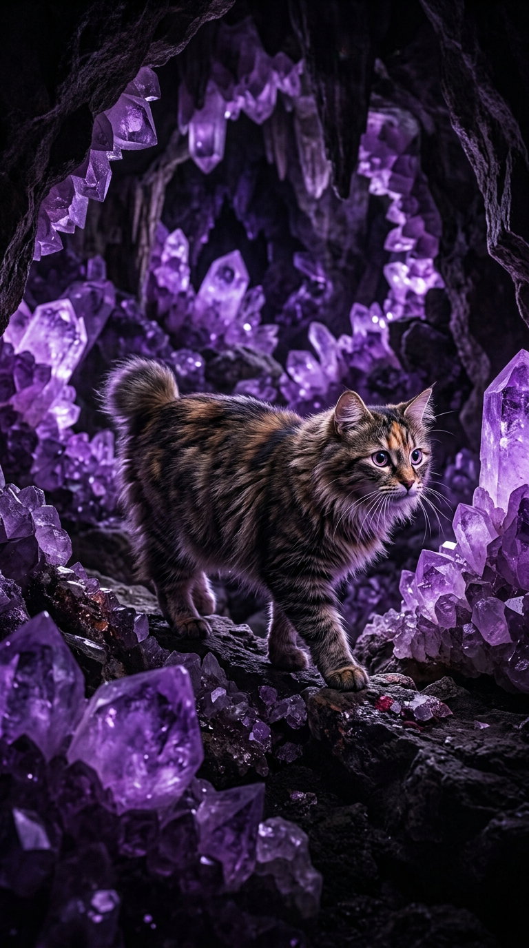 A tabby cat with a short tail walking among large purple amethyst crystals in a dark cave.
