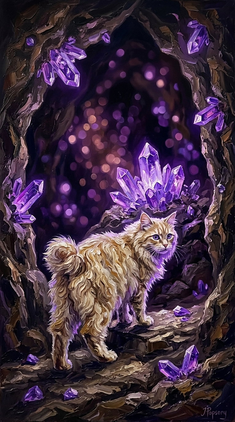 A golden fluffy American Bobtail cat standing in a cave with large purple crystals sparkling around it, creating an enchanting atmosphere.