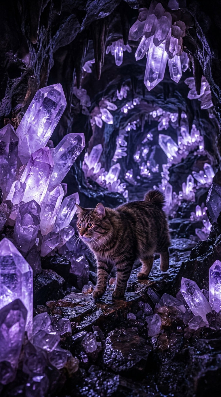 An American Bobtail cat walking in a cave filled with large, luminous purple crystals.