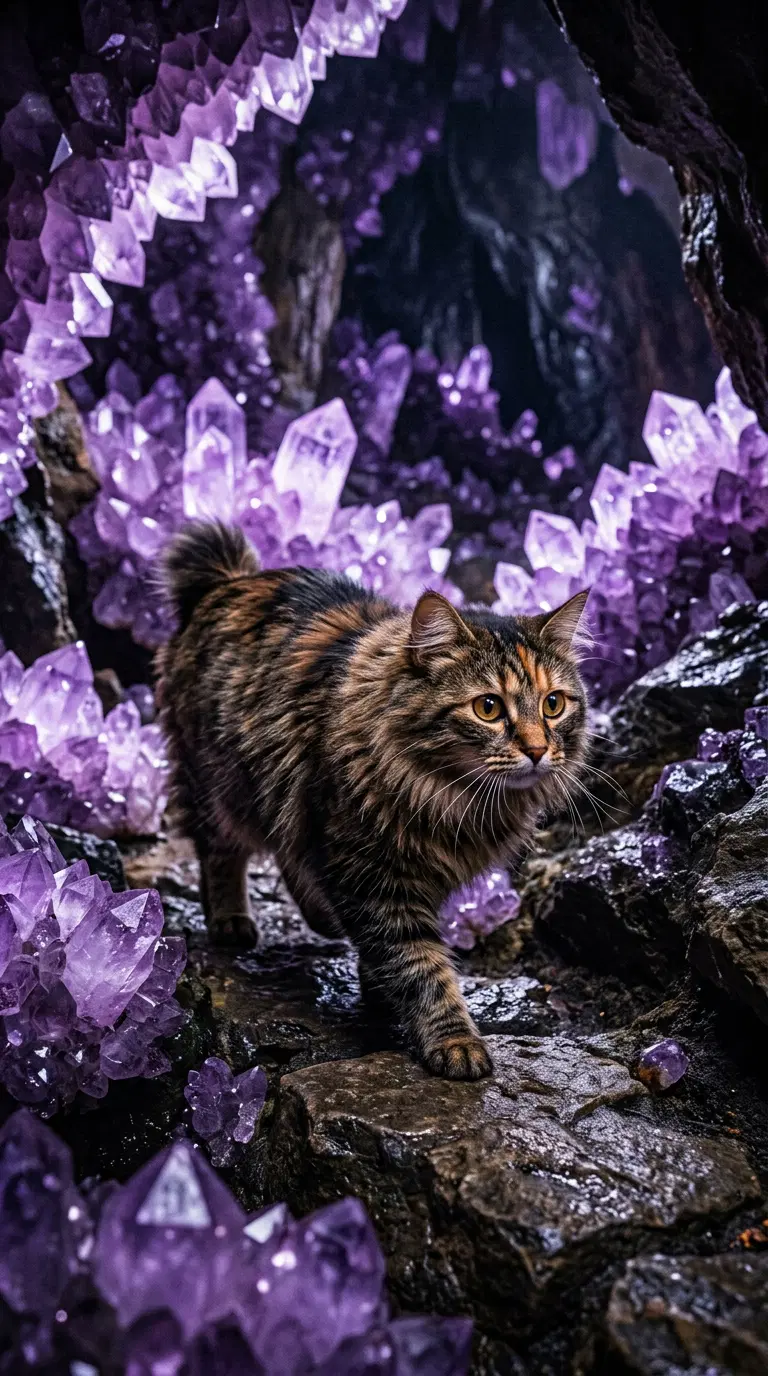 American Bobtail Cat Exploring a Crystal Cave