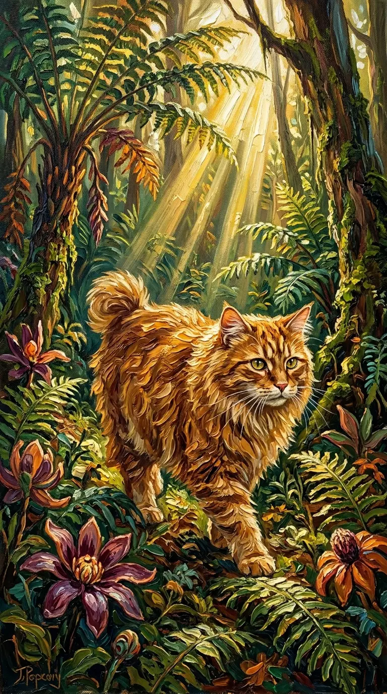 American Bobtail Cat Walking Through a Lush Forest