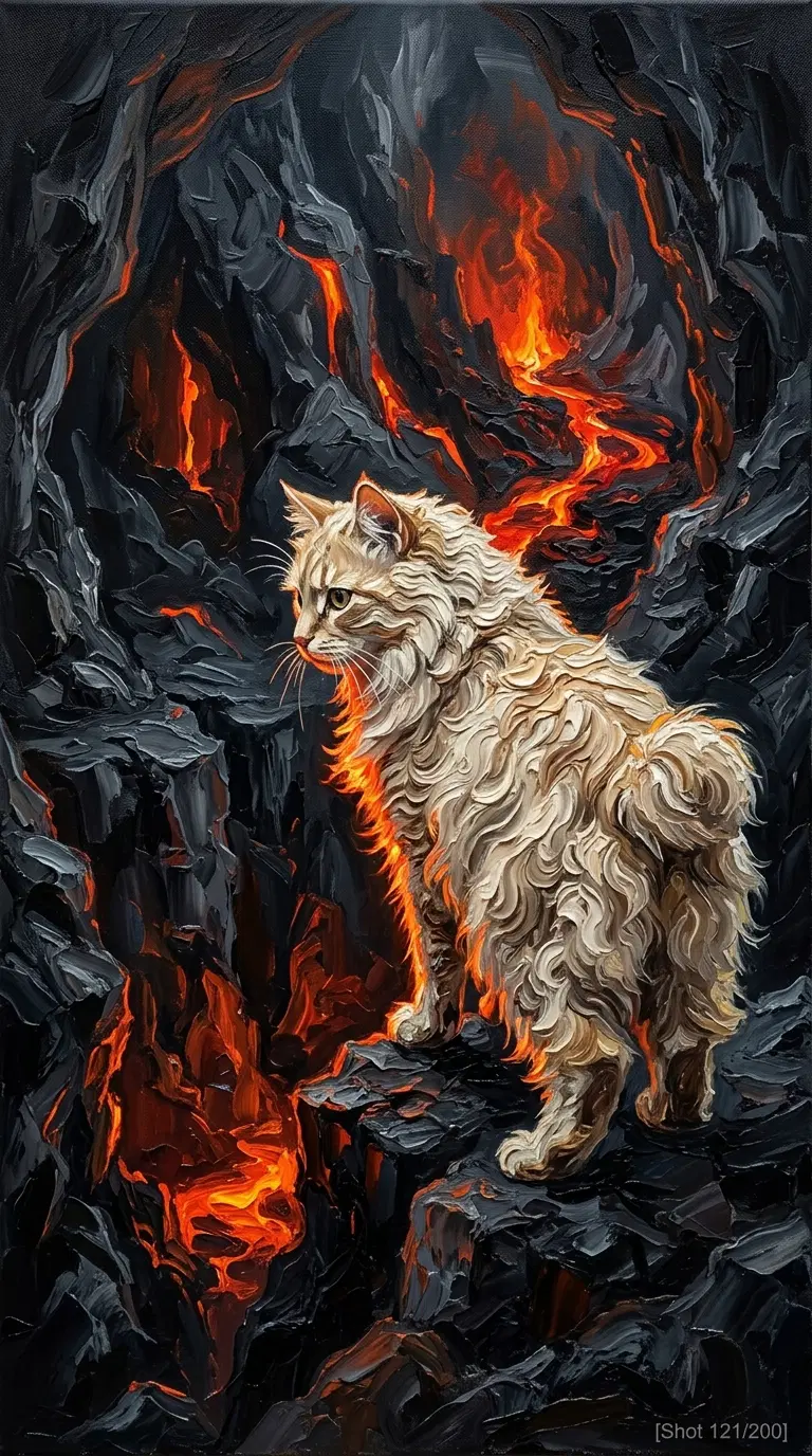 A Majestic American Bobtail in a Fiery Lava Landscape