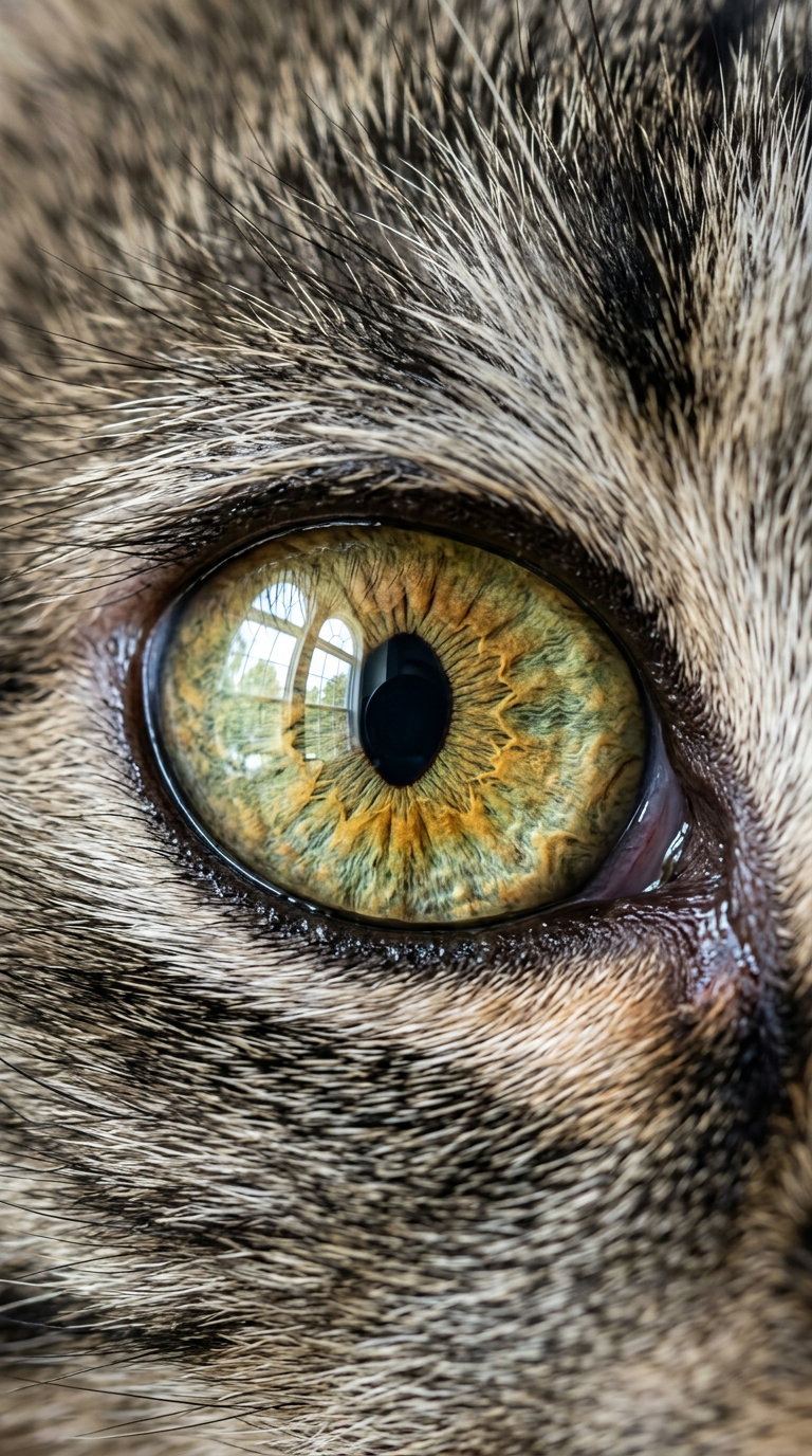 A close-up view of a cat's eye, featuring green and yellow hues with intricate patterns and reflections in the iris.