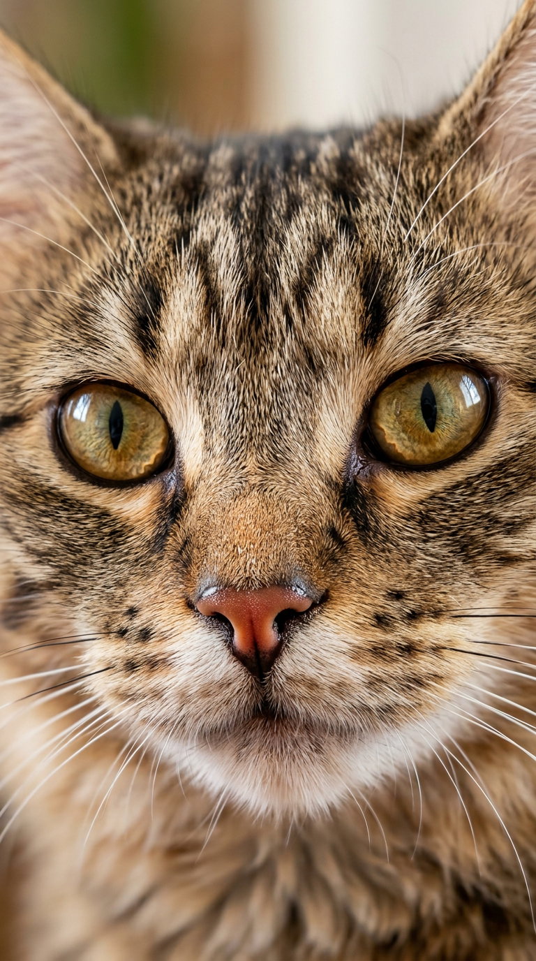 A close-up portrait of a tabby cat with large yellow-green eyes and prominent whiskers, showcasing a distinctive facial pattern.