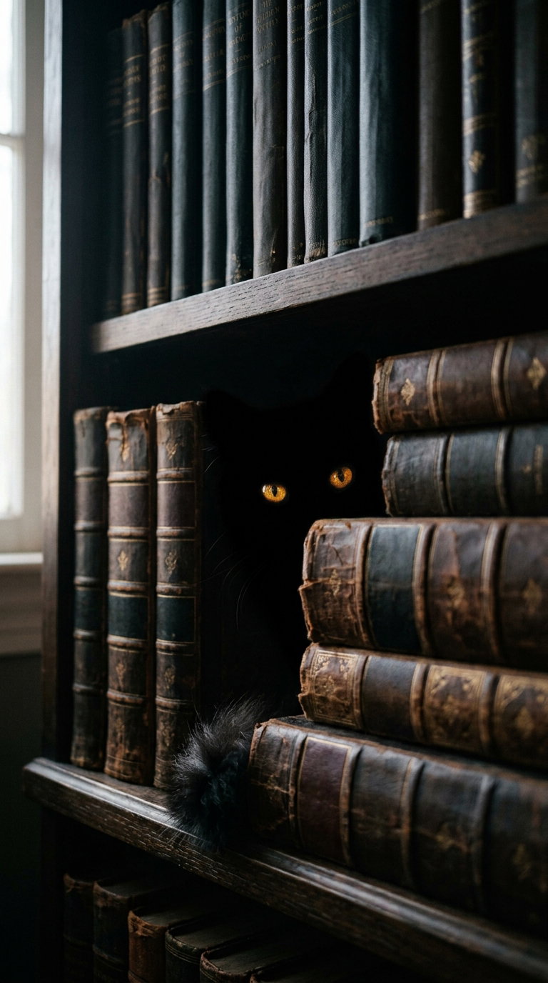 A black cat with bright yellow eyes peeking out from behind old, leather-bound books on a wooden shelf.