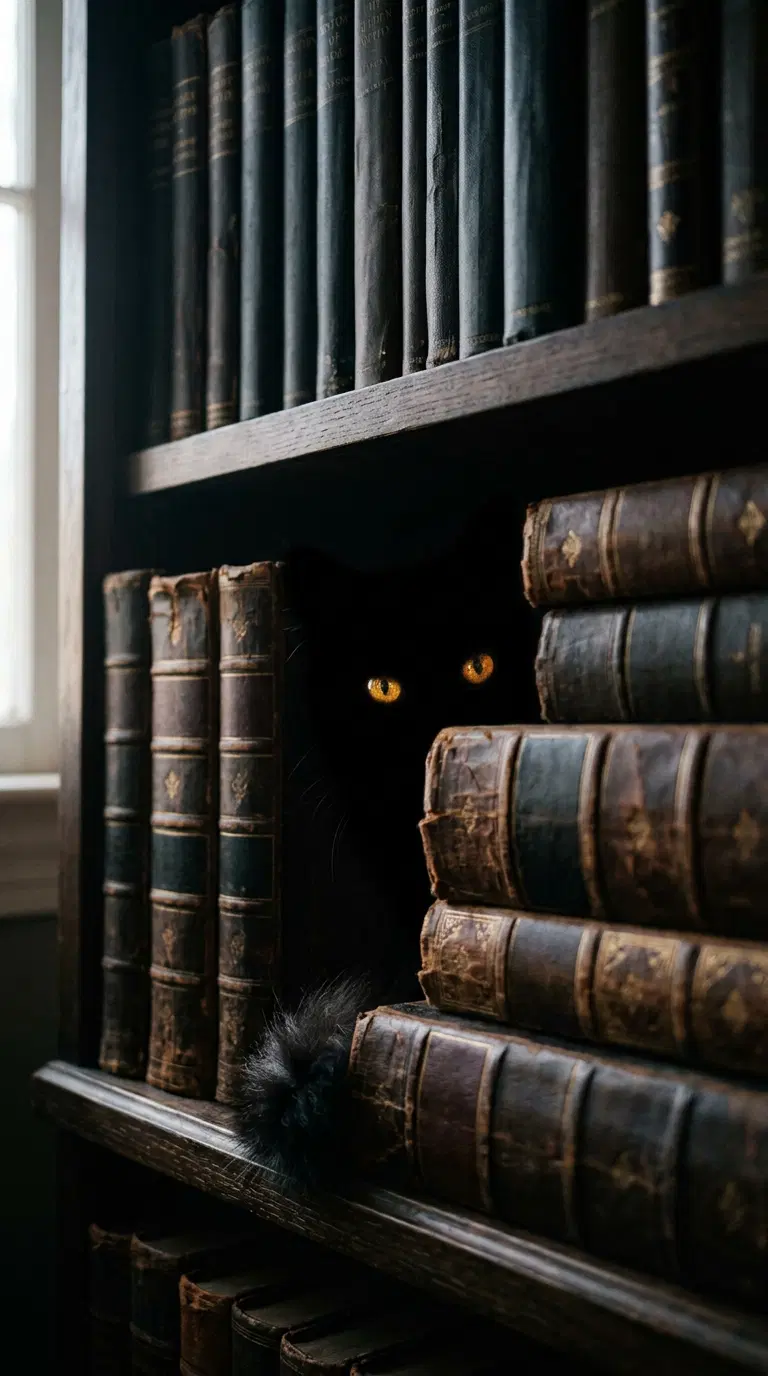 A Mysterious Black Cat Hiding Among Ancient Books