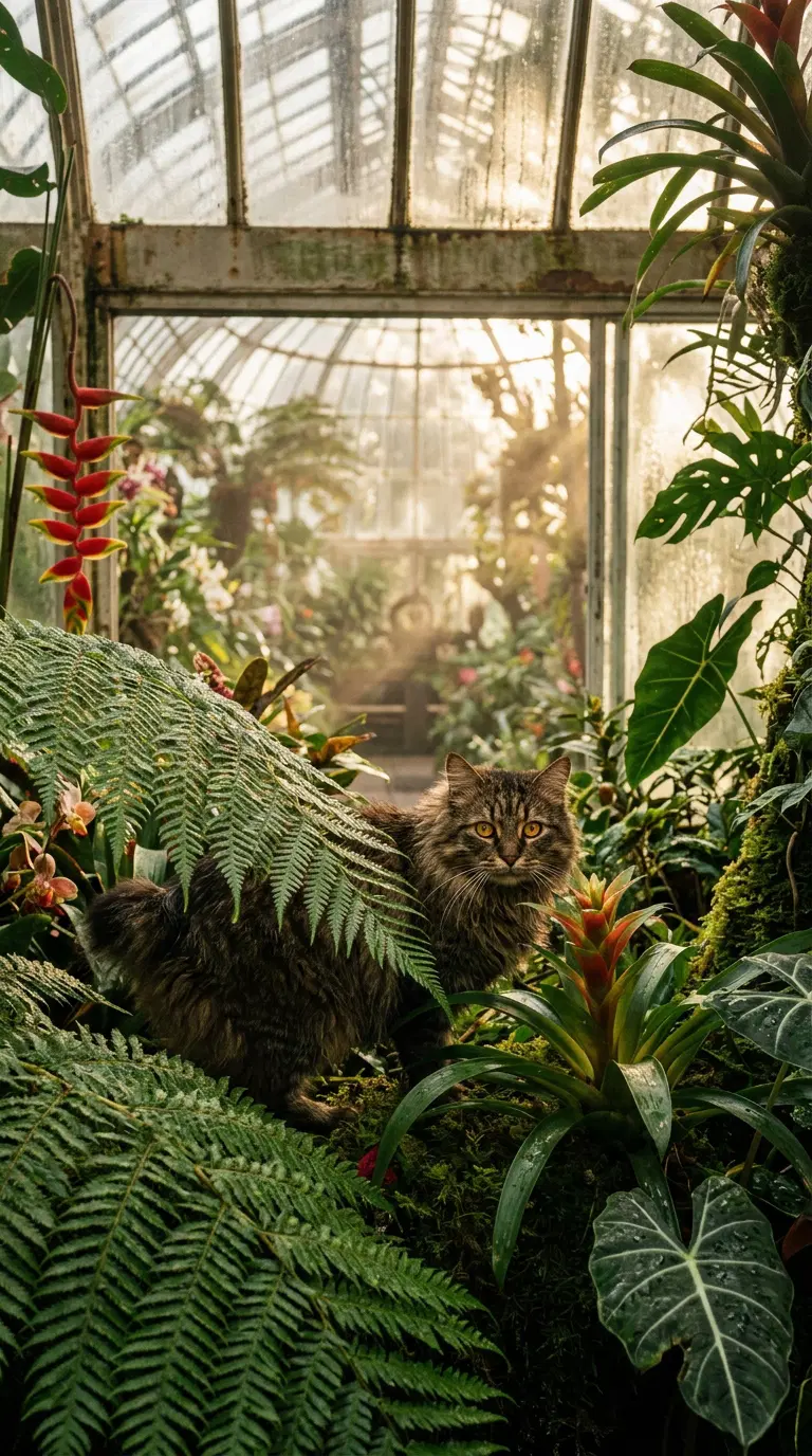 A Beautiful American Bobtail Cat in a Lush Greenhouse Setting