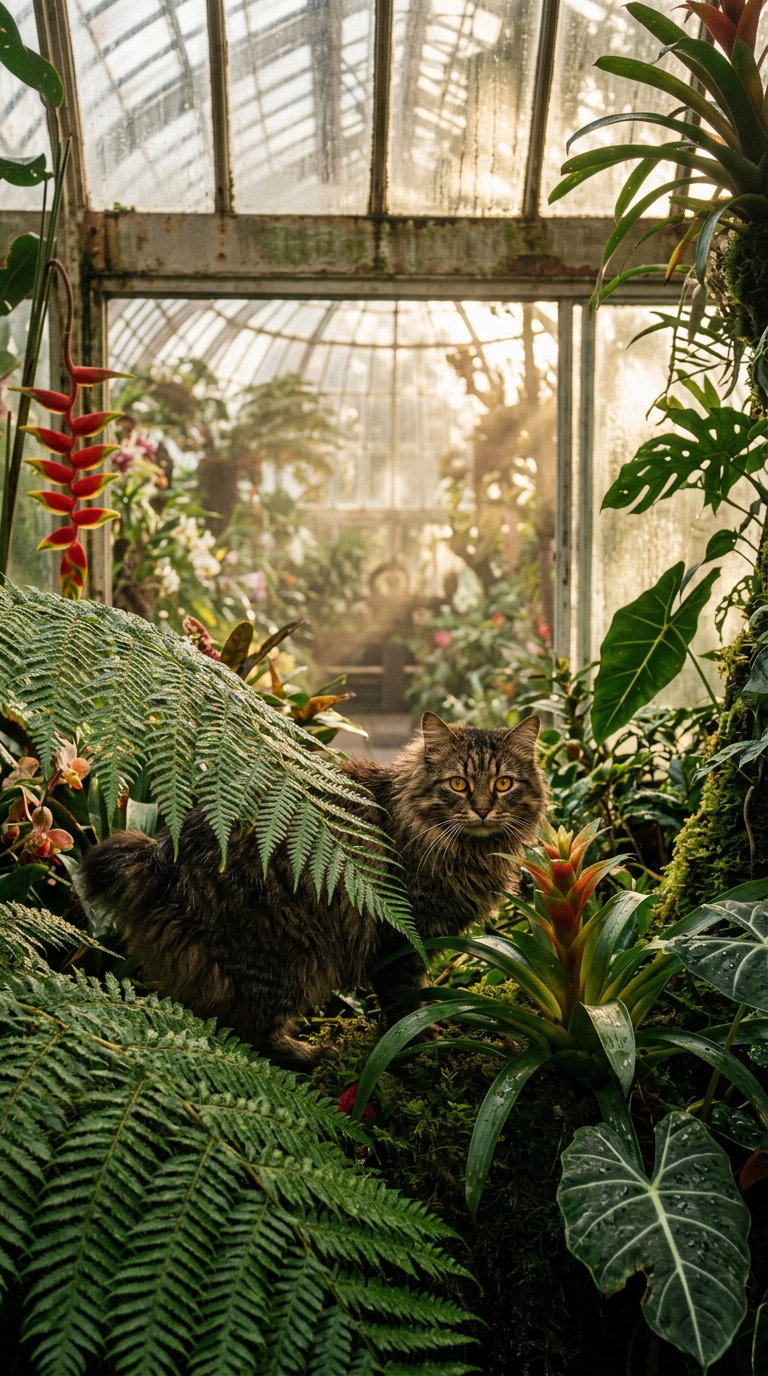 A fluffy American Bobtail cat peeking through ferns and tropical plants inside a greenhouse.