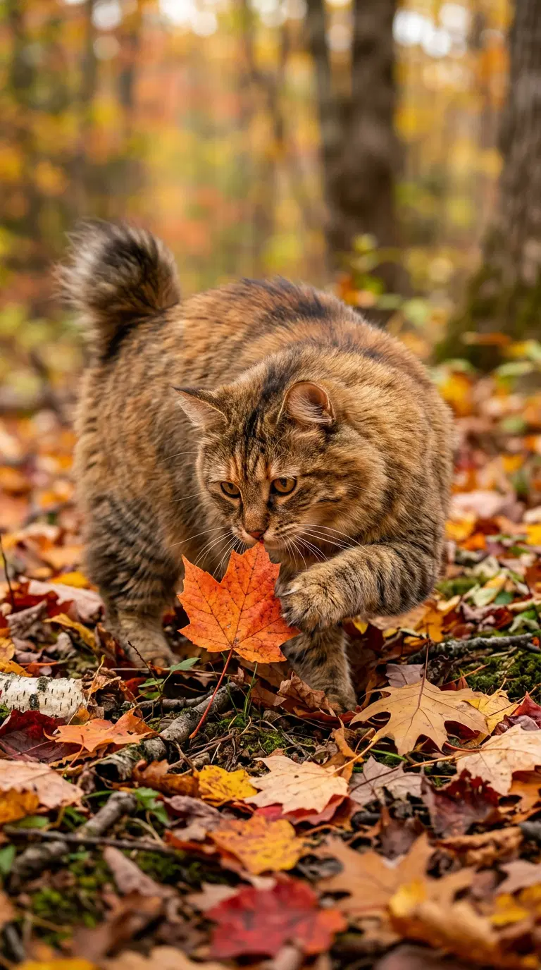 American Bobtail Cat Playing with Autumn Leaves