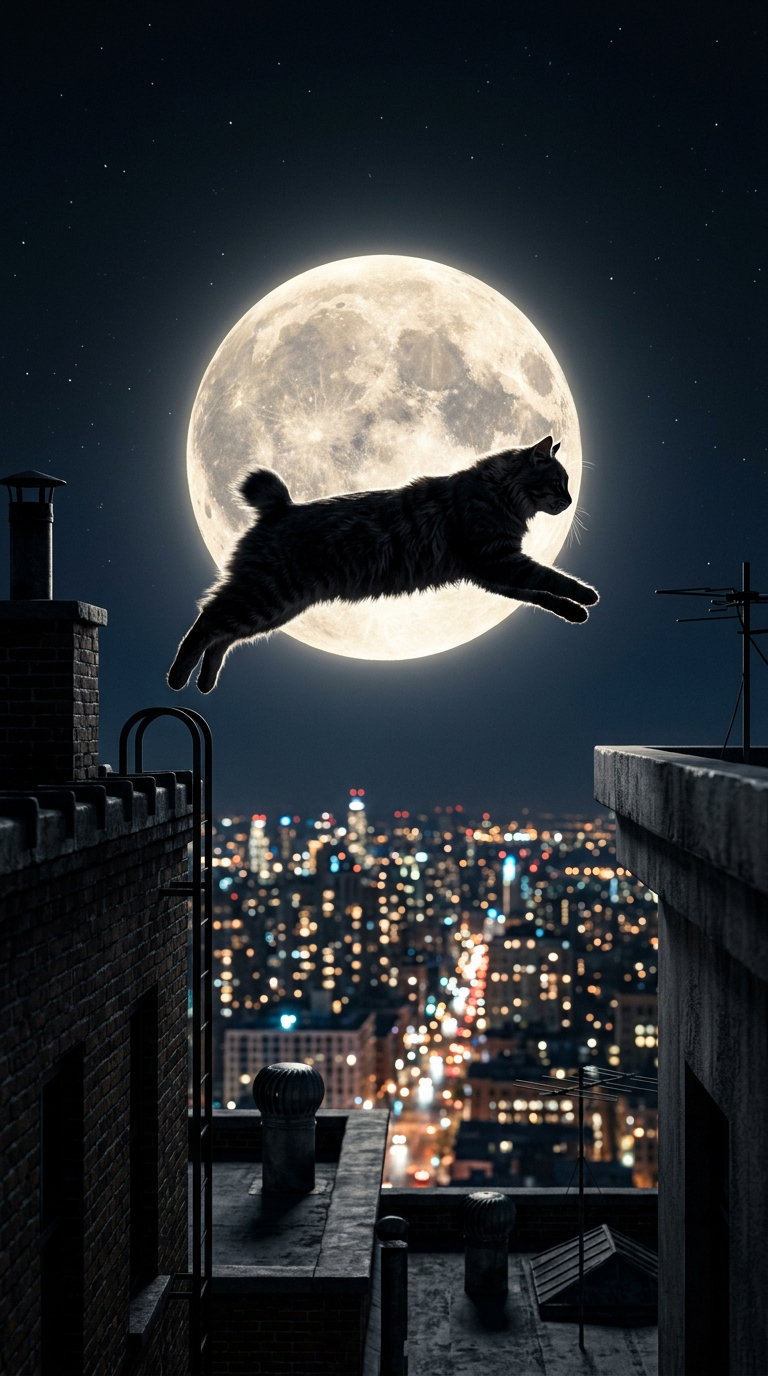 A silhouette of an American Bobtail cat leaping from a rooftop against a large full moon, with a city skyline illuminated by night lights in the background.