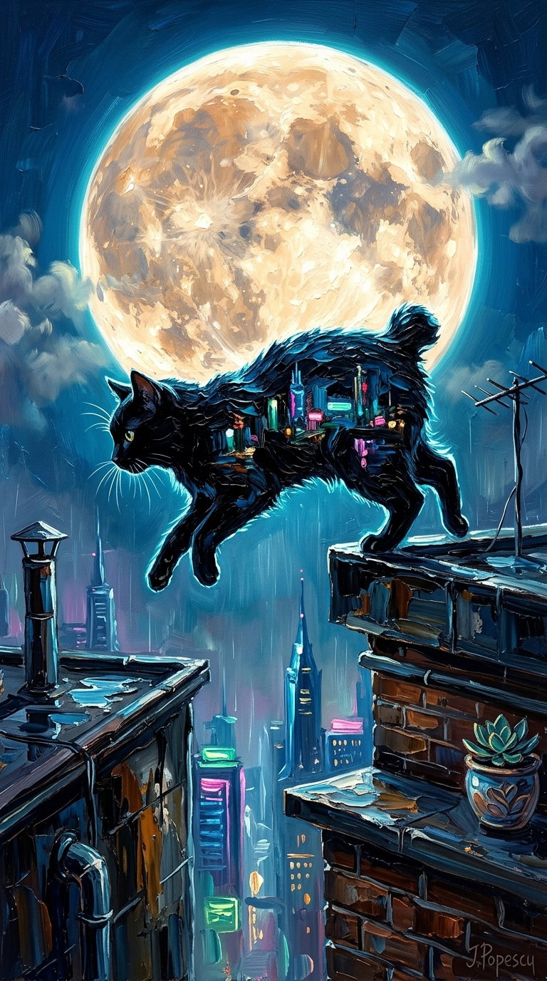 A black cat with a city skyline silhouette walks on a rooftop under a large, bright moon in a colorful, surreal cityscape.
