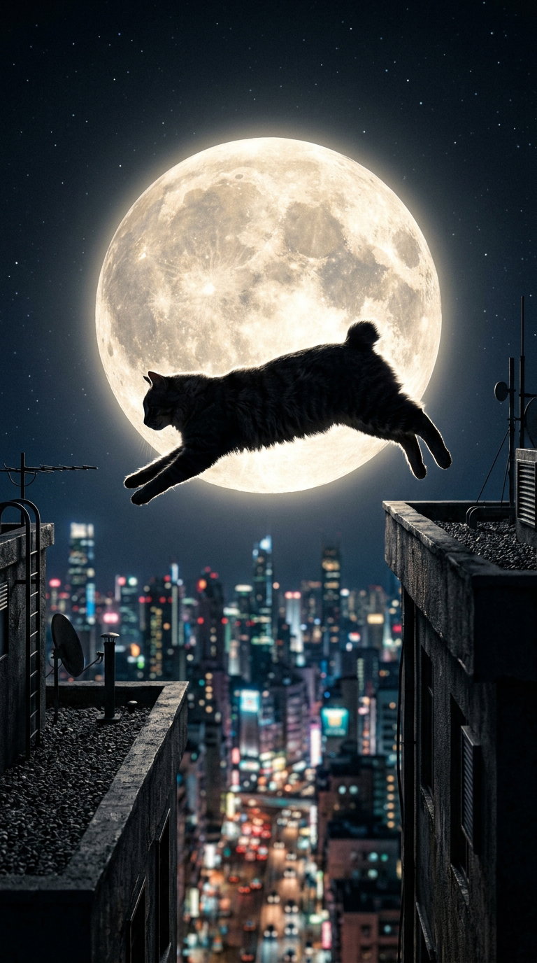 An American Bobtail cat mid-leap over city rooftops with a large full moon in the background, illuminating the night sky.