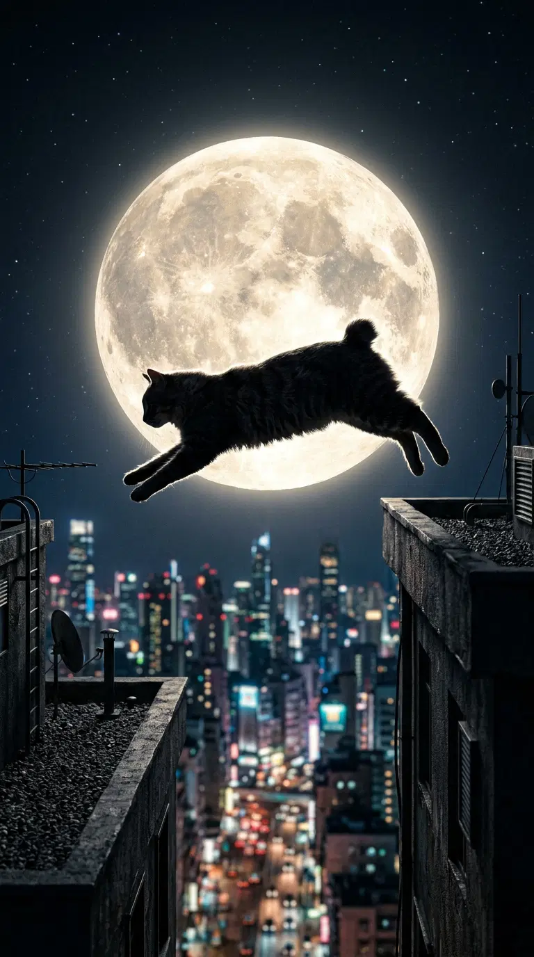 A Majestic American Bobtail Cat Leaping Against a Full Moon