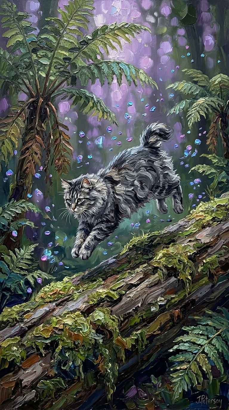 A grey American Bobtail cat is leaping over a moss-covered log in a lush forest, surrounded by ferns and purple flowers.