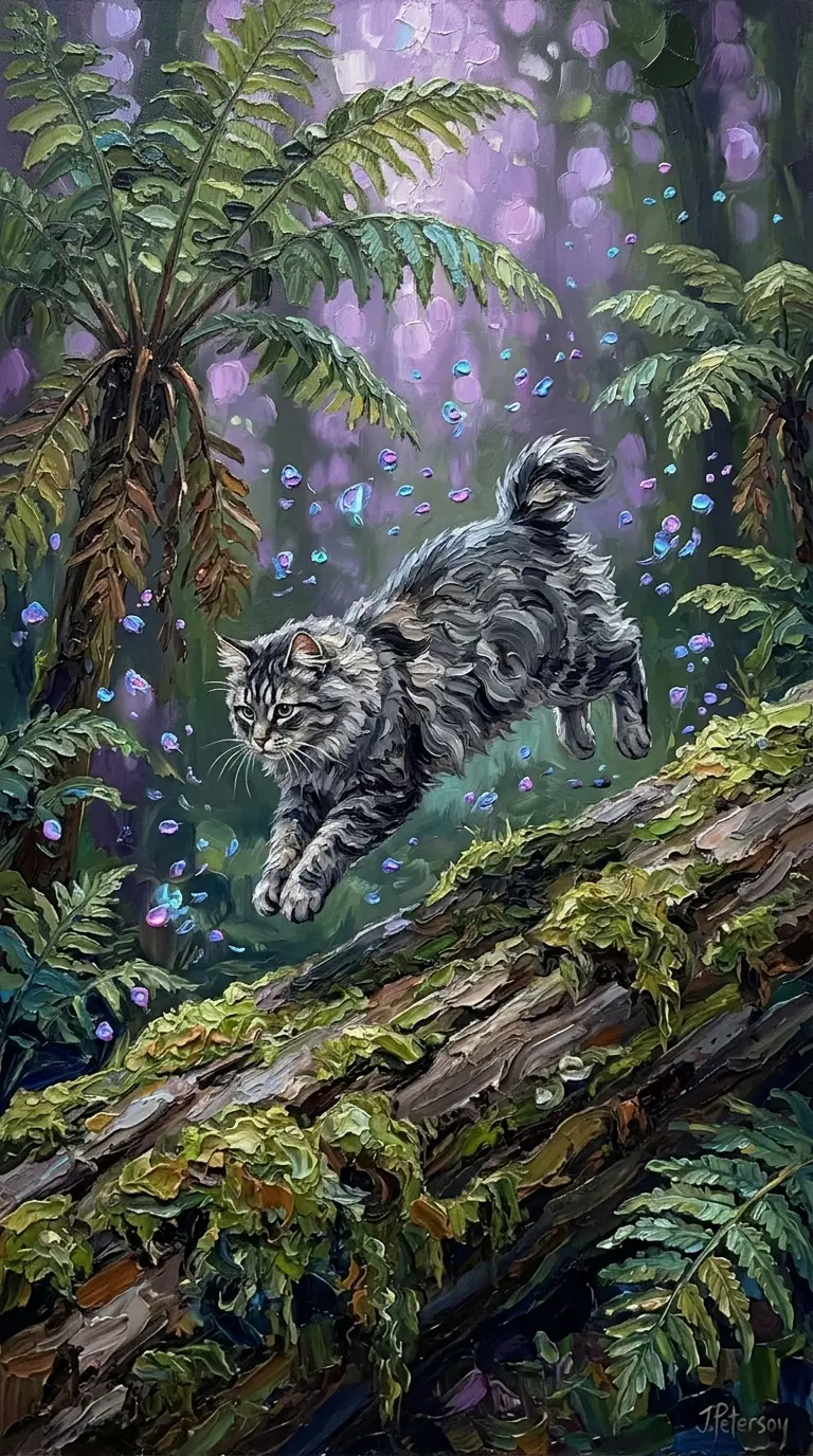 Graceful American Bobtail Cat Jumping Through a Verdant Forest