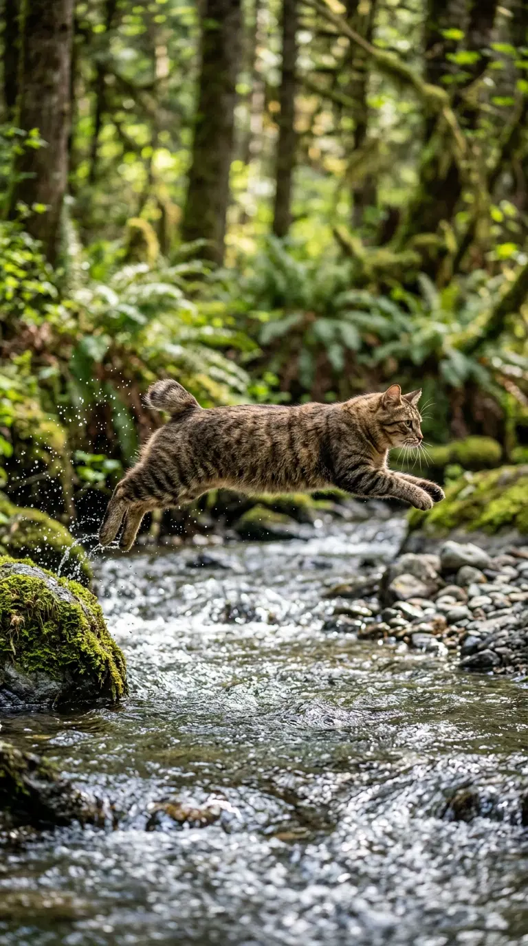 A dynamic American Bobtail cat leaping across a stream in nature
