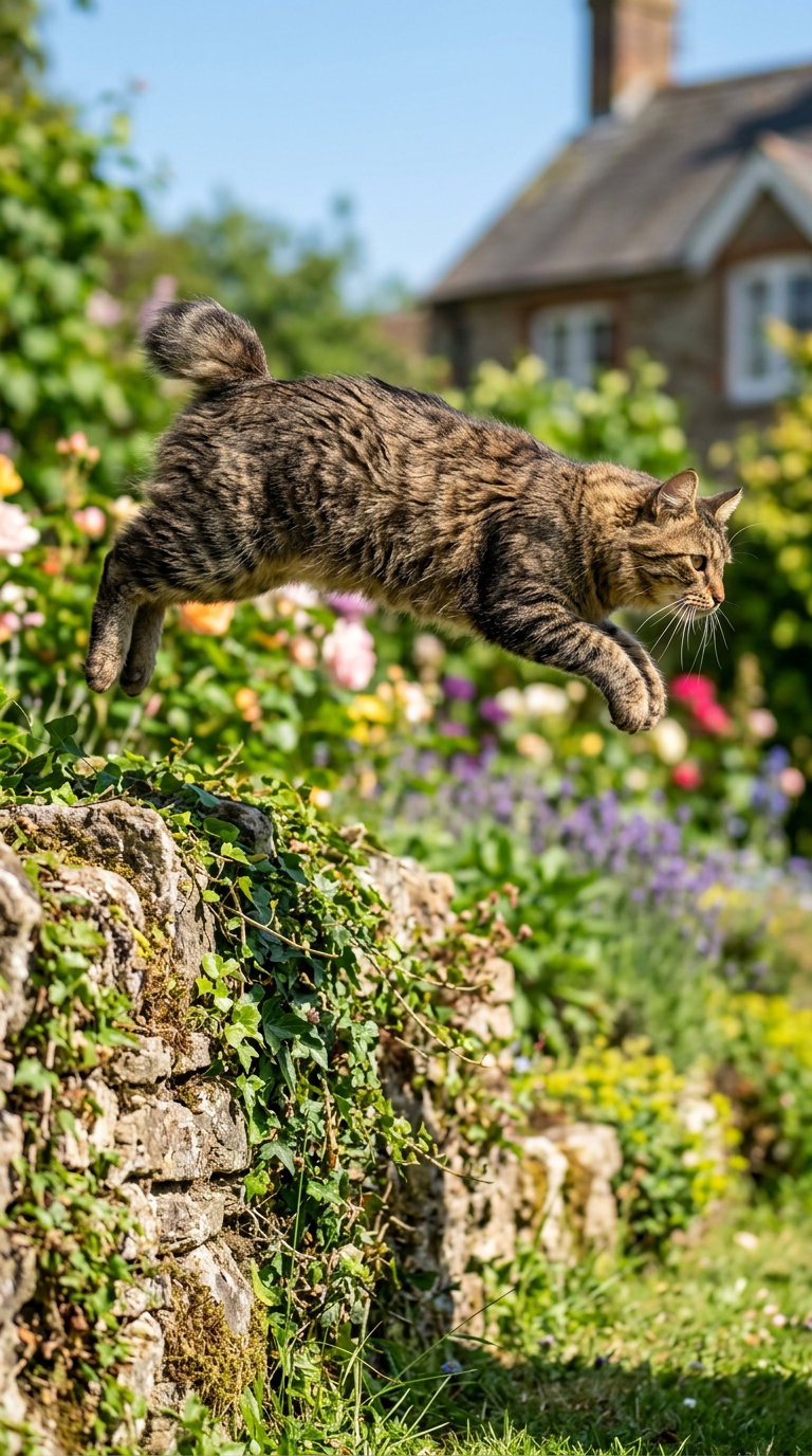 A brown tabby cat with a short tail is jumping over a stone wall surrounded by vibrant flowers and greenery in a sunny garden.