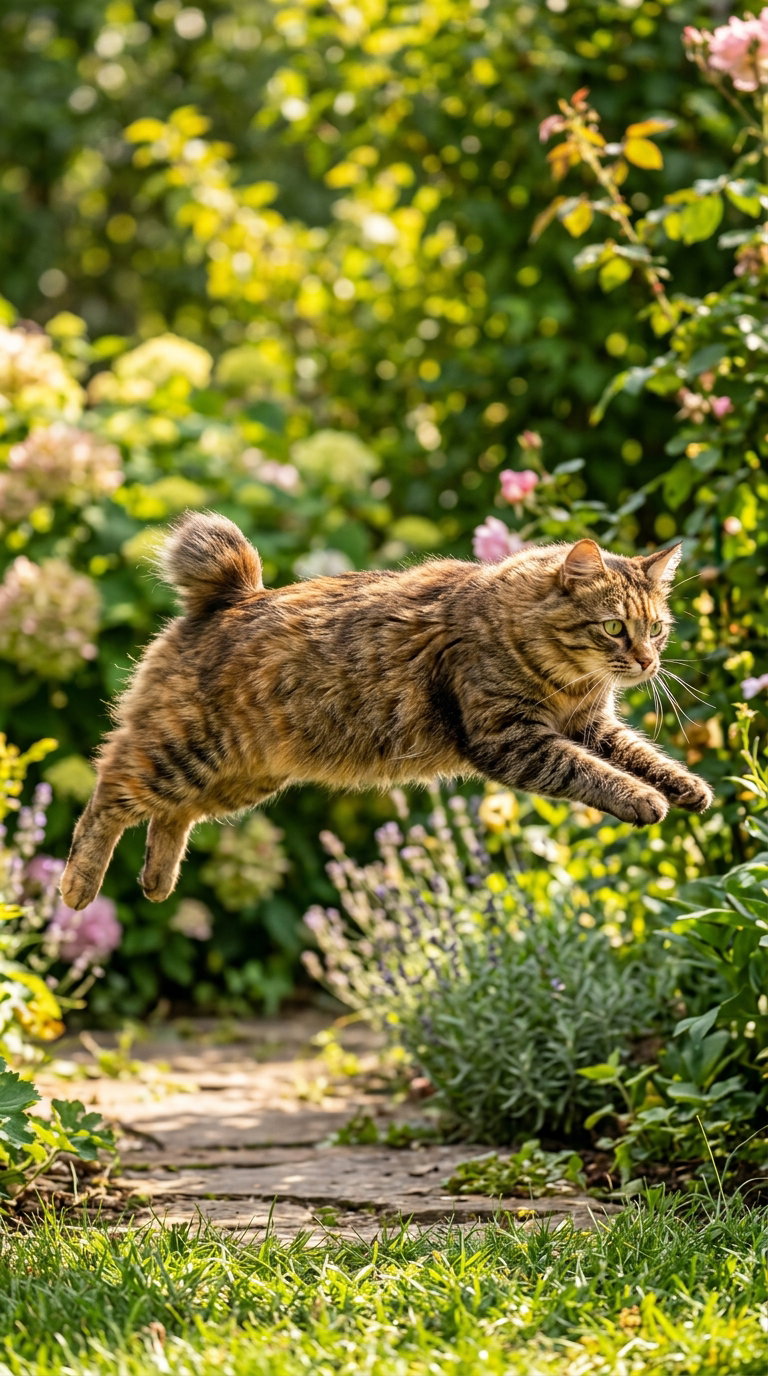 A tabby cat with a short tail jumps through a lush garden filled with flowers and greenery.
