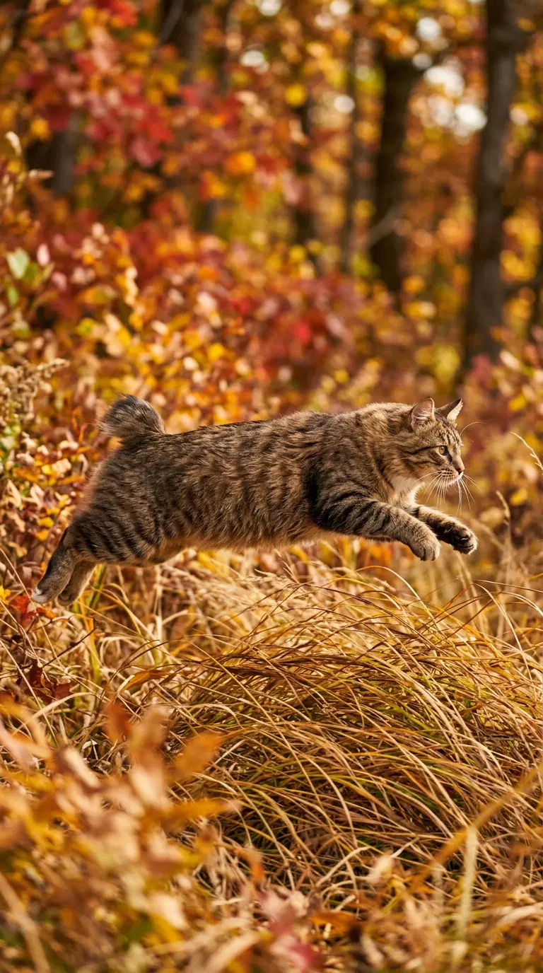 Dynamic American Bobtail Cat Leaping Through Autumn Landscape