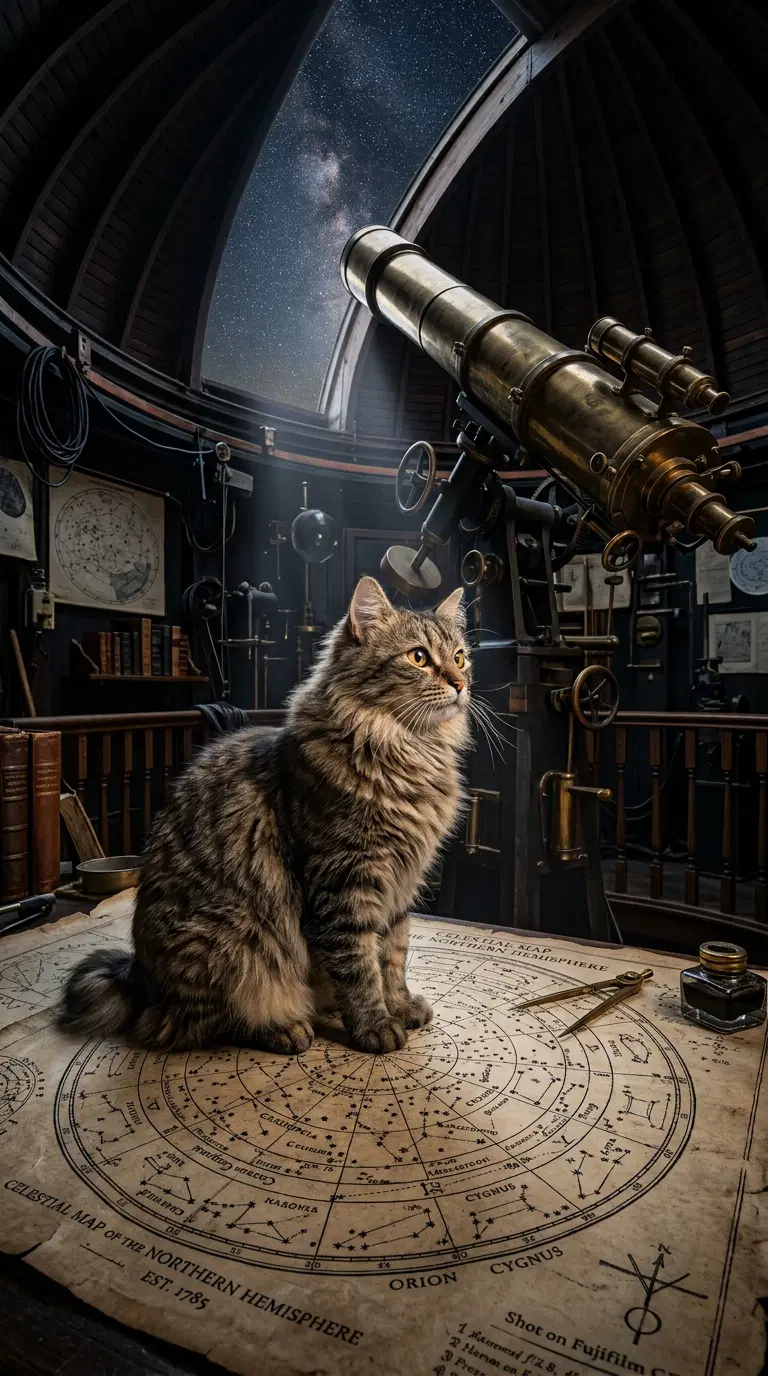 A majestic American Bobtail cat in a vintage observatory setting