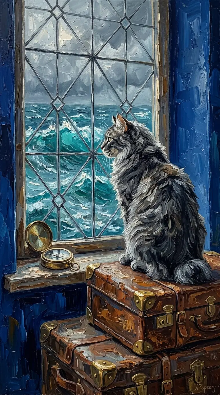 American Bobtail Cat gazing at the ocean from a window