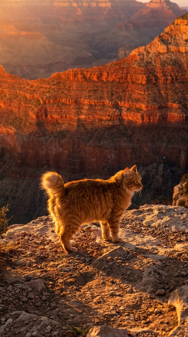 An orange cat stands on a rocky ledge overlooking a canyon at sunset, with warm orange hues illuminating the landscape.