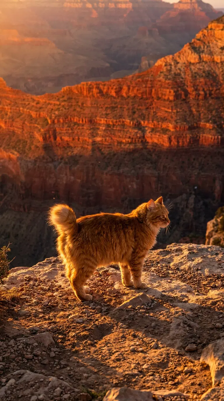 An American Bobtail Cat Standing on a Cliff at Sunset
