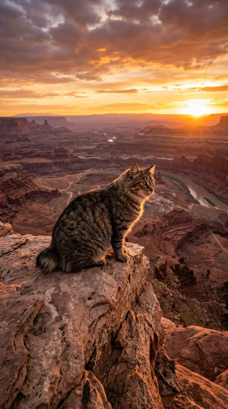 A Majestic American Bobtail Cat Overlooking a Stunning Sunset