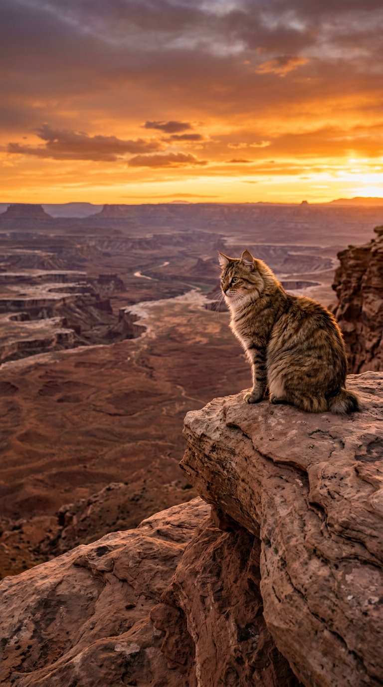 A tabby American Bobtail cat sitting on a rocky ledge, gazing at a vast canyon landscape with a colorful sunset in the background.