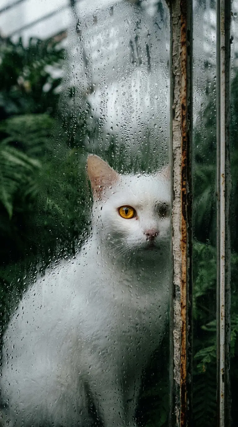 A White Cat with Striking Yellow Eyes Behind a Rain-Splattered Window