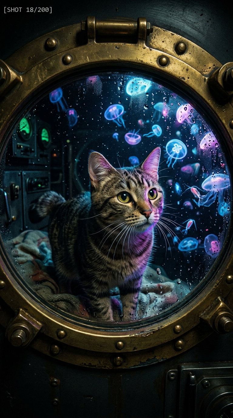 A tabby cat inside a submarine porthole, watching colorful jellyfish float in water, with a blurred background of machinery and lights.