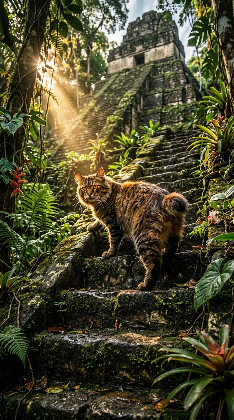 American Bobtail Cat in Ancient Ruins Surrounded by Lush Vegetation