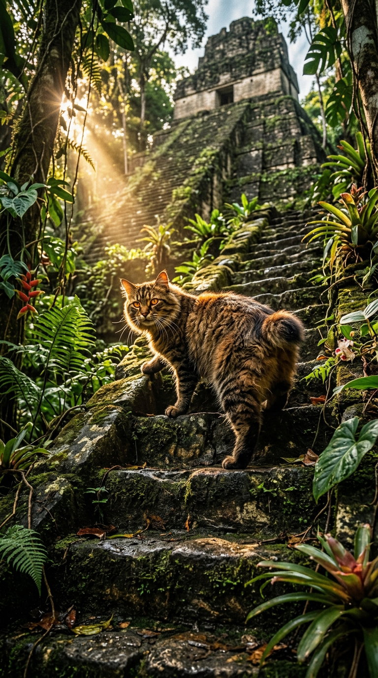 A tabby cat with a short tail stands on moss-covered stone steps. It is surrounded by vibrant green plants and flowers, with ancient ruins in the background, illuminated by sunlight filtering through the trees.