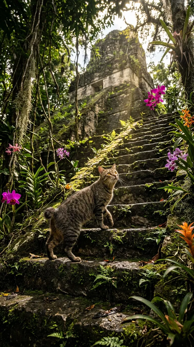 American Bobtail Cat Walking Among Lush Tropical Ruins