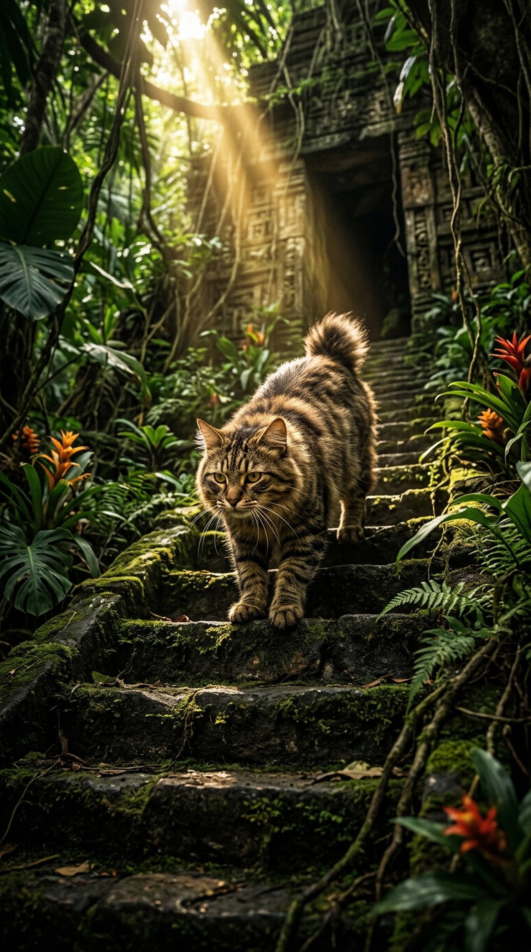 A striped American Bobtail cat walking down a mossy stone staircase surrounded by tropical plants and flowers, illuminated by sunlight streaming through the trees.