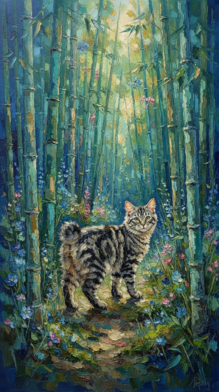 A Majestic American Bobtail Cat in a Serene Bamboo Forest