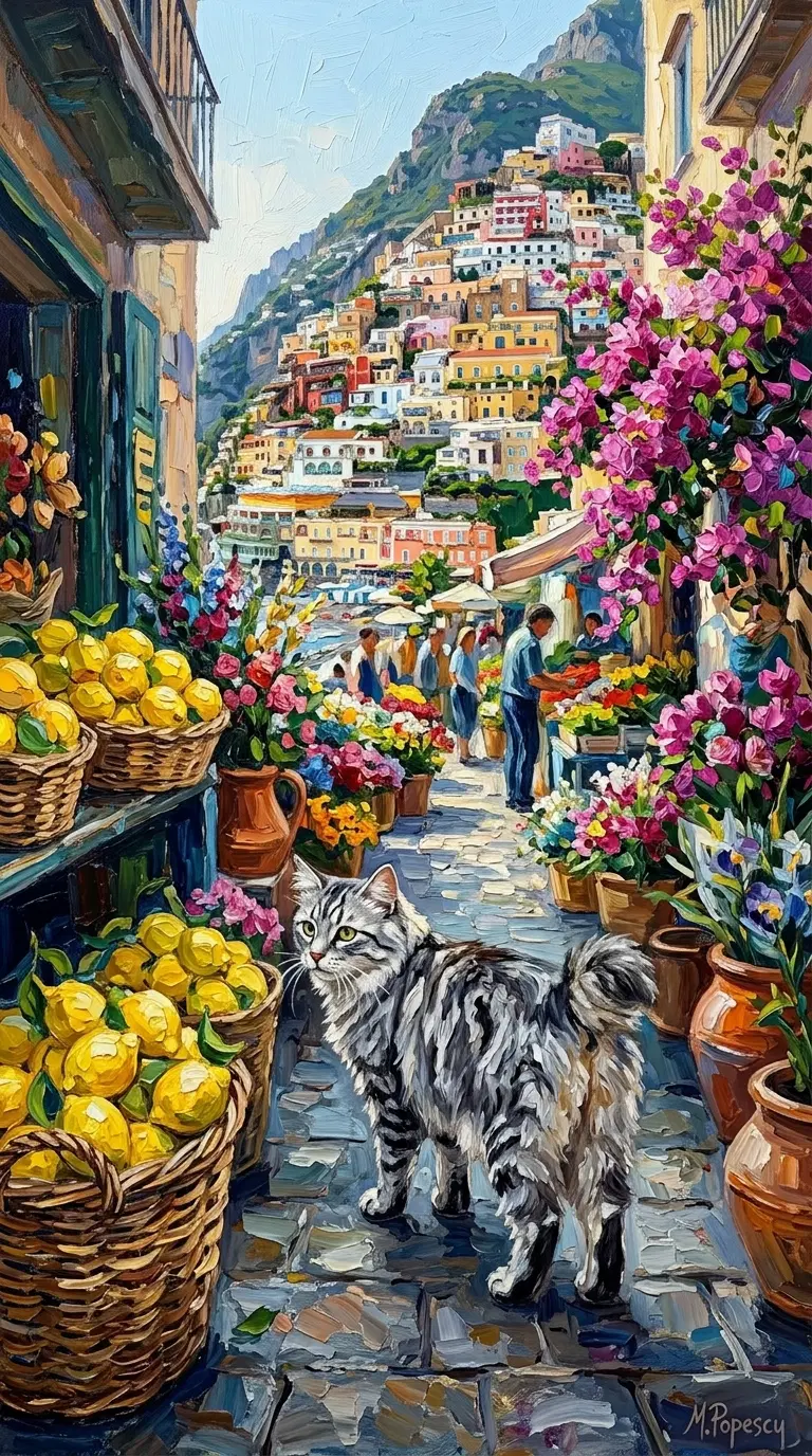 A Striped American Bobtail Cat in a Colorful Market Street