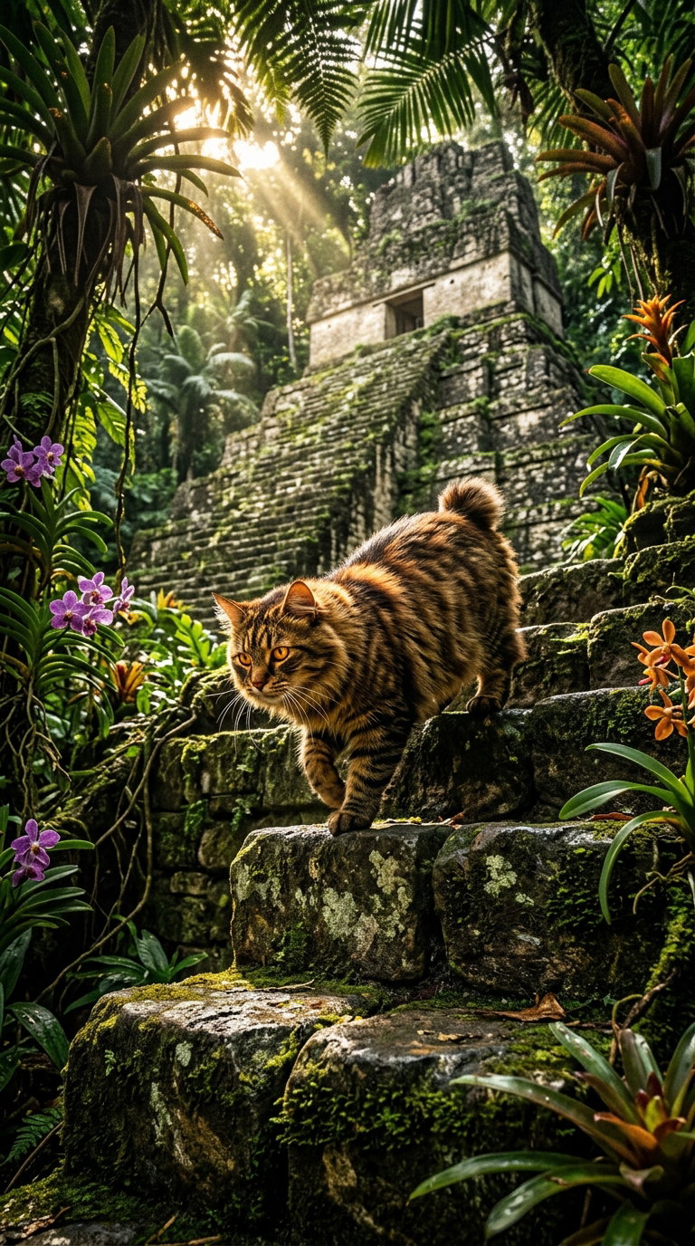 A tabby cat walking on stone steps surrounded by lush greenery and purple flowers, leading up to an ancient temple.