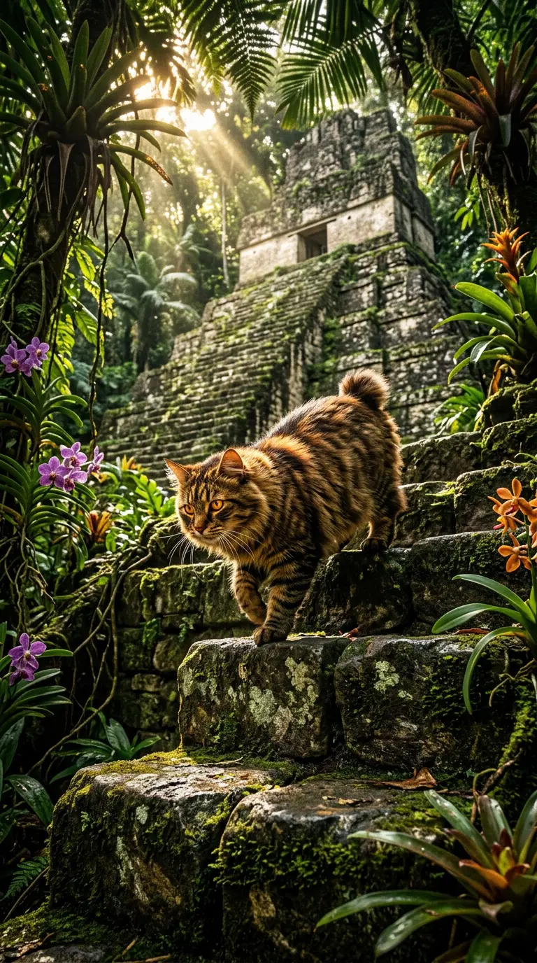 American Bobtail Cat Exploring Ancient Mayan Ruins in Nature