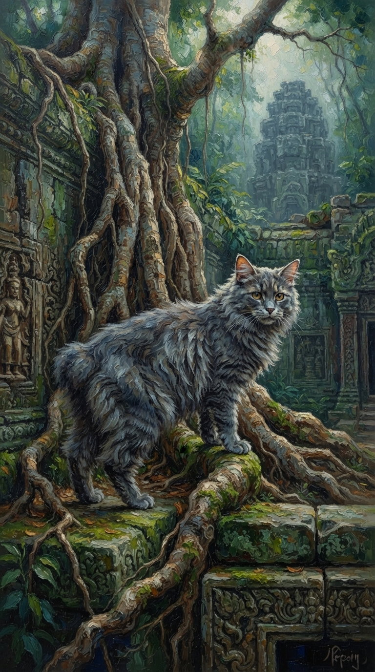 A gray American Bobtail cat standing on a mossy stone amidst ancient ruins, surrounded by lush greenery and intricate stone carvings.