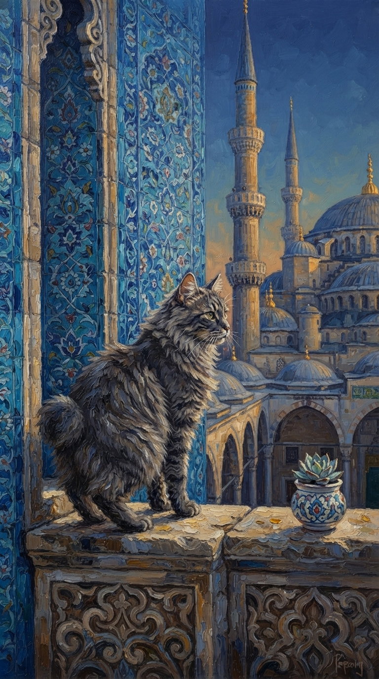 A fluffy cat with a thick coat standing on a ledge, looking out over a stunning view of historical buildings with domes and minarets, bathed in warm sunlight, surrounded by ornate blue tiles.