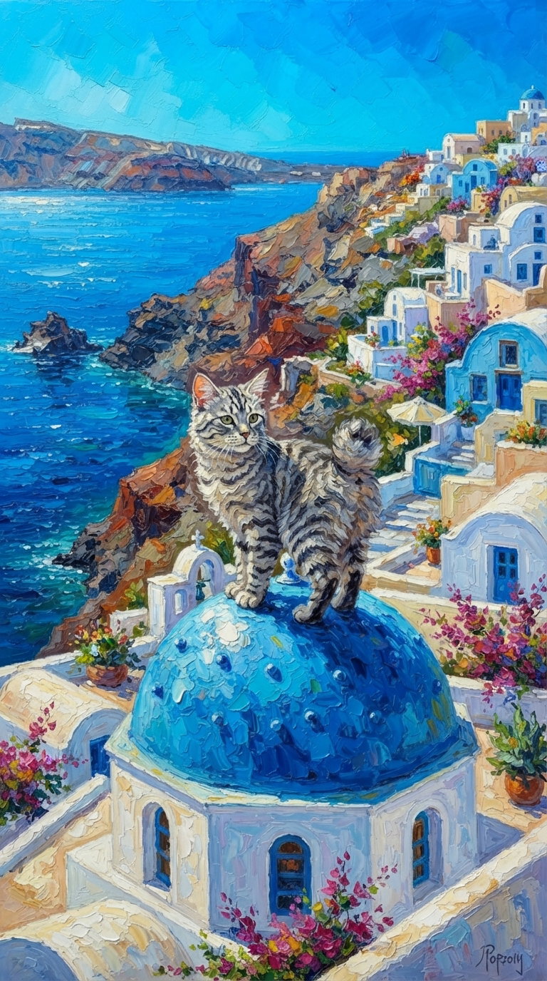 A tabby cat stands majestically on a blue dome roof, overlooking a picturesque coastal village with white buildings and vibrant flowers against a backdrop of the sea and cliffs.