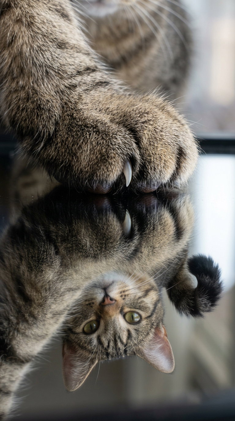 A close-up view of a cat's paws resting on a reflective surface, with the cat's face visible upside down in the reflection. The cat has a tawny coat with stripes and distinctive tufted ears.