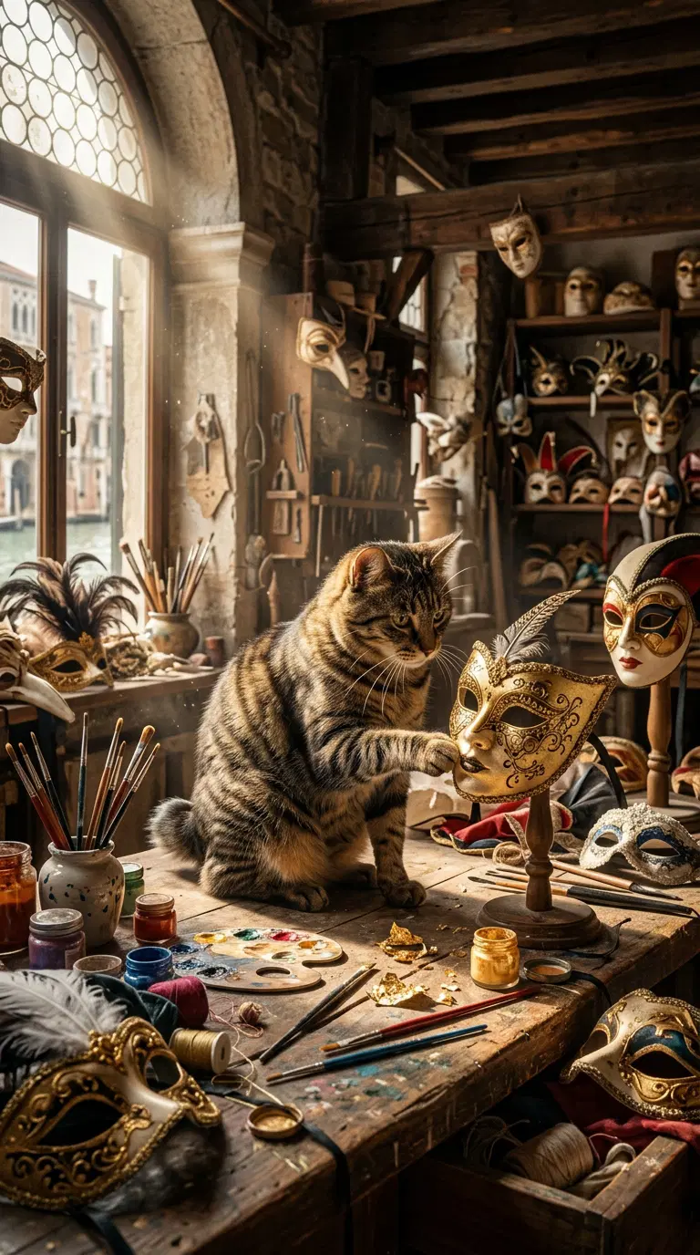 American Bobtail Cat at a Venetian Mask Workshop
