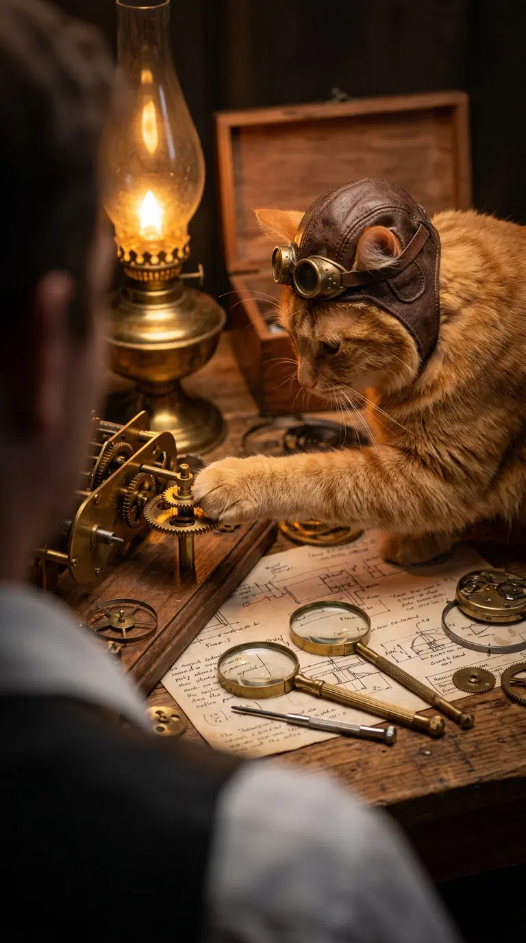 Ginger Cat Engaged in Steampunk Mechanical Work